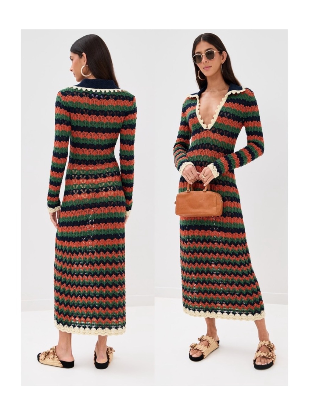 La Doublej Nwt Perry Knit Midi Dress | Crochet, Stripe, Scalloped-Trim - Orange